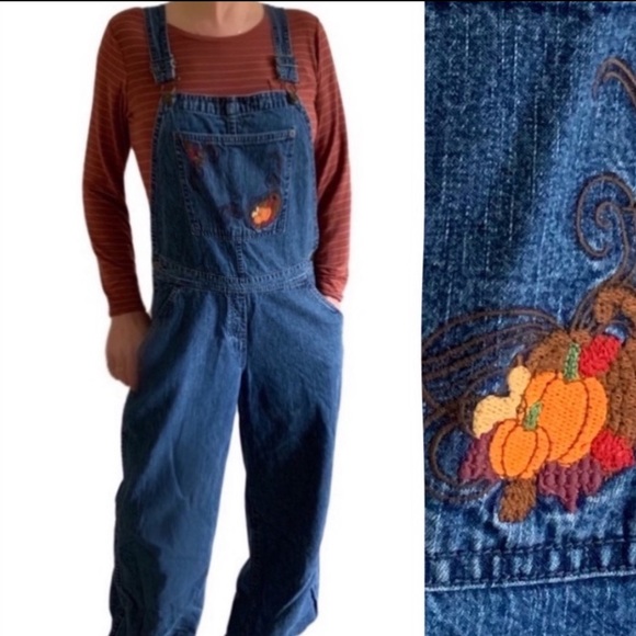 vintage overalls Pants - Vintage Christopher & Banks Embroidered Fall Pumpkin Leaf Overalls Octoberfest